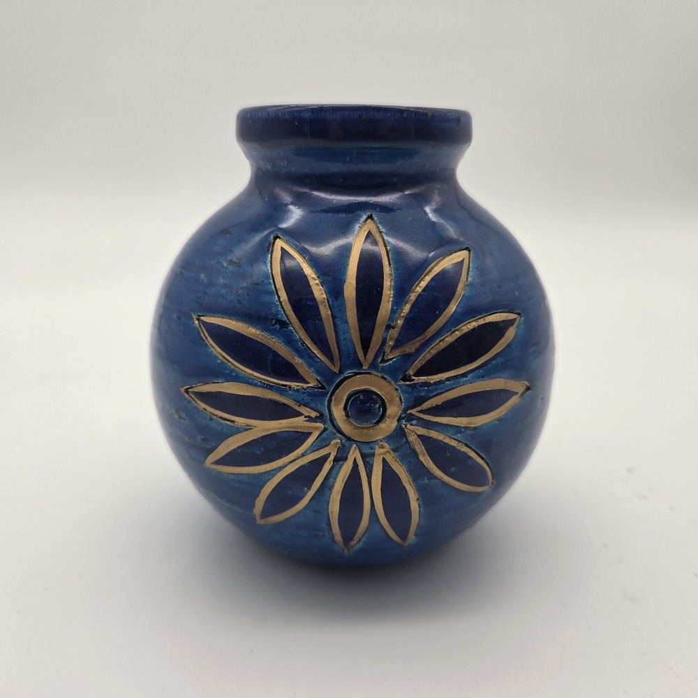 Vintage Aldo Londi Bitossi Starburst Vase Recessed Neck Rimini Blue 1960s Italy